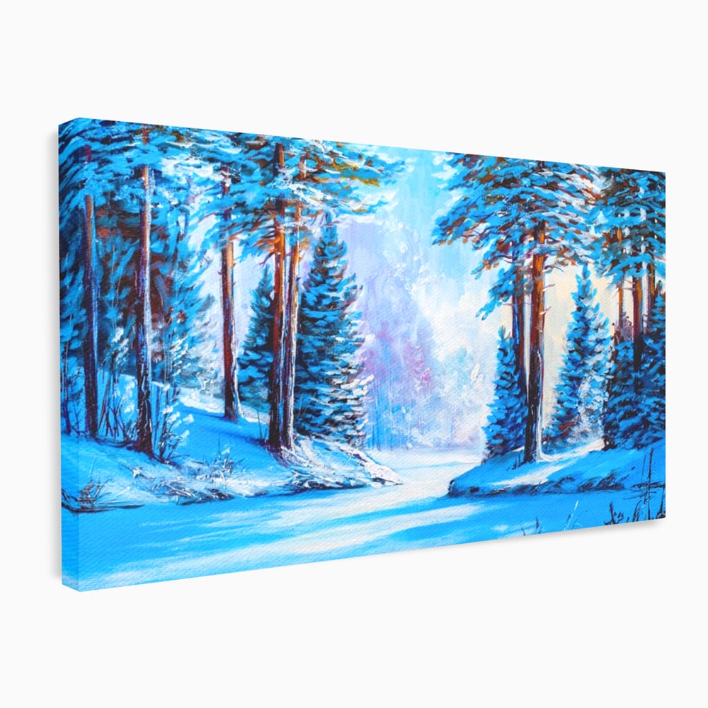 Tablou canvas cu pictura peisaj de iarna cu padure si zapada, fara rama, pe sasiu de lemn